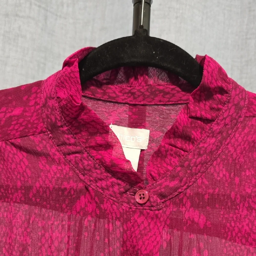 Chico's Vibrant Pink Snakeskin Pattern Sheer Blouse With Ruffles Size 12=Chicos2